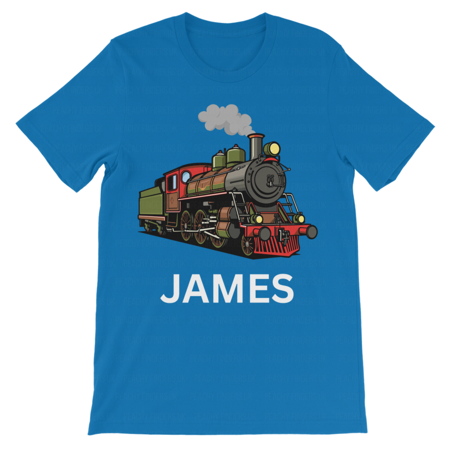 Kids custom name royal blue T-shirt with a colourful steam train graphic and personalised name.