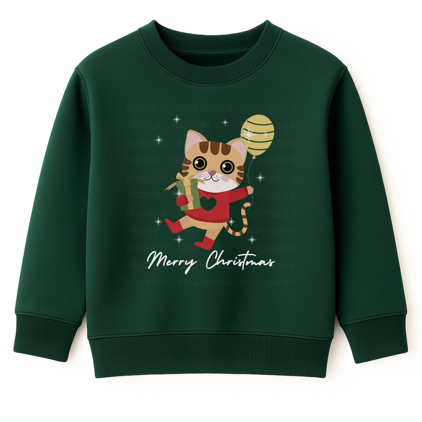 Children's dark green Christmas jumper featuring a cute festive cat holding a present and balloon and “Merry Christmas” text on the front.