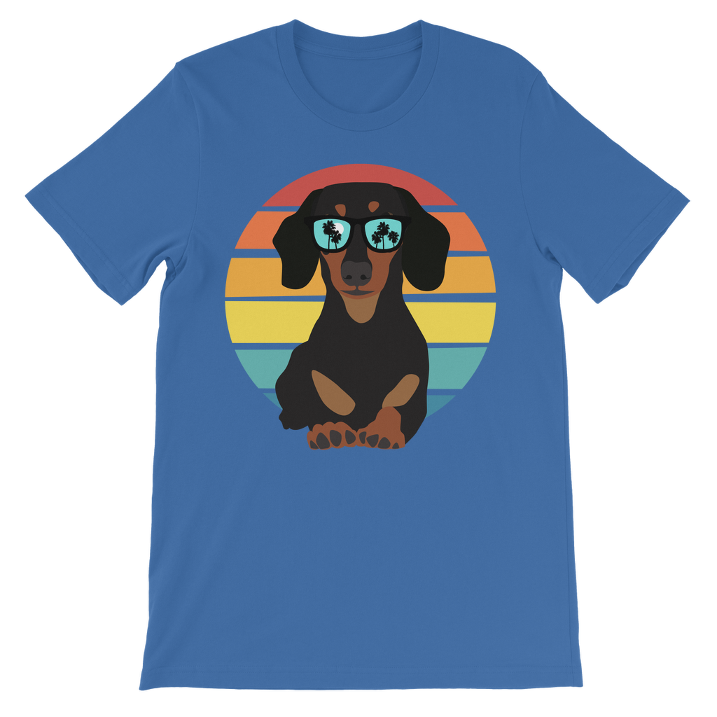 Royal blue kids dachshund t-shirt featuring playful sausage dog design, soft cotton children’s top