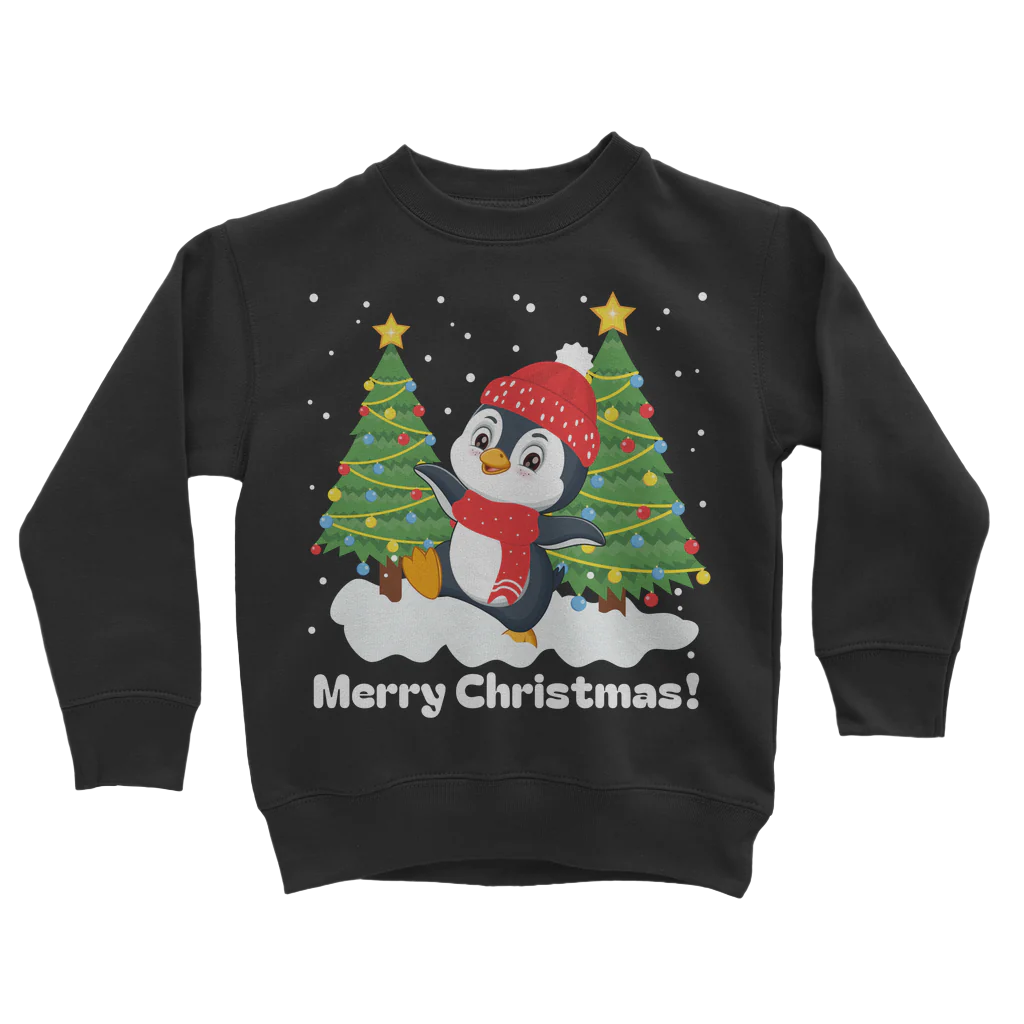 Children's black sweatshirt with a graphic of a dancing penguin between two Christmas trees, with the text 'Merry Christmas!' displayed.
