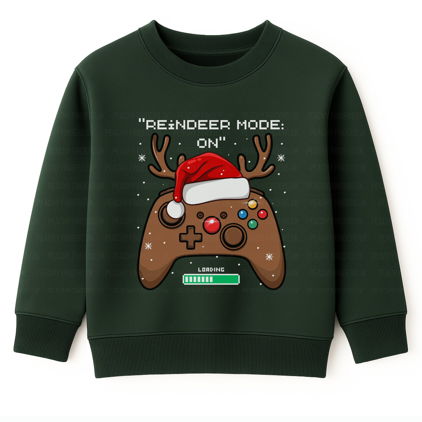 Kids dark green Christmas jumper with a reindeer-themed gaming controller design and the slogan “Reindeer Mode: ON”