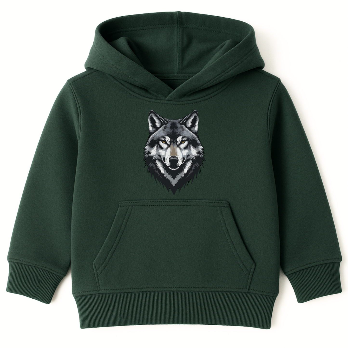 Kids dark green pullover hoodie featuring a bold grey wolf head design on the front