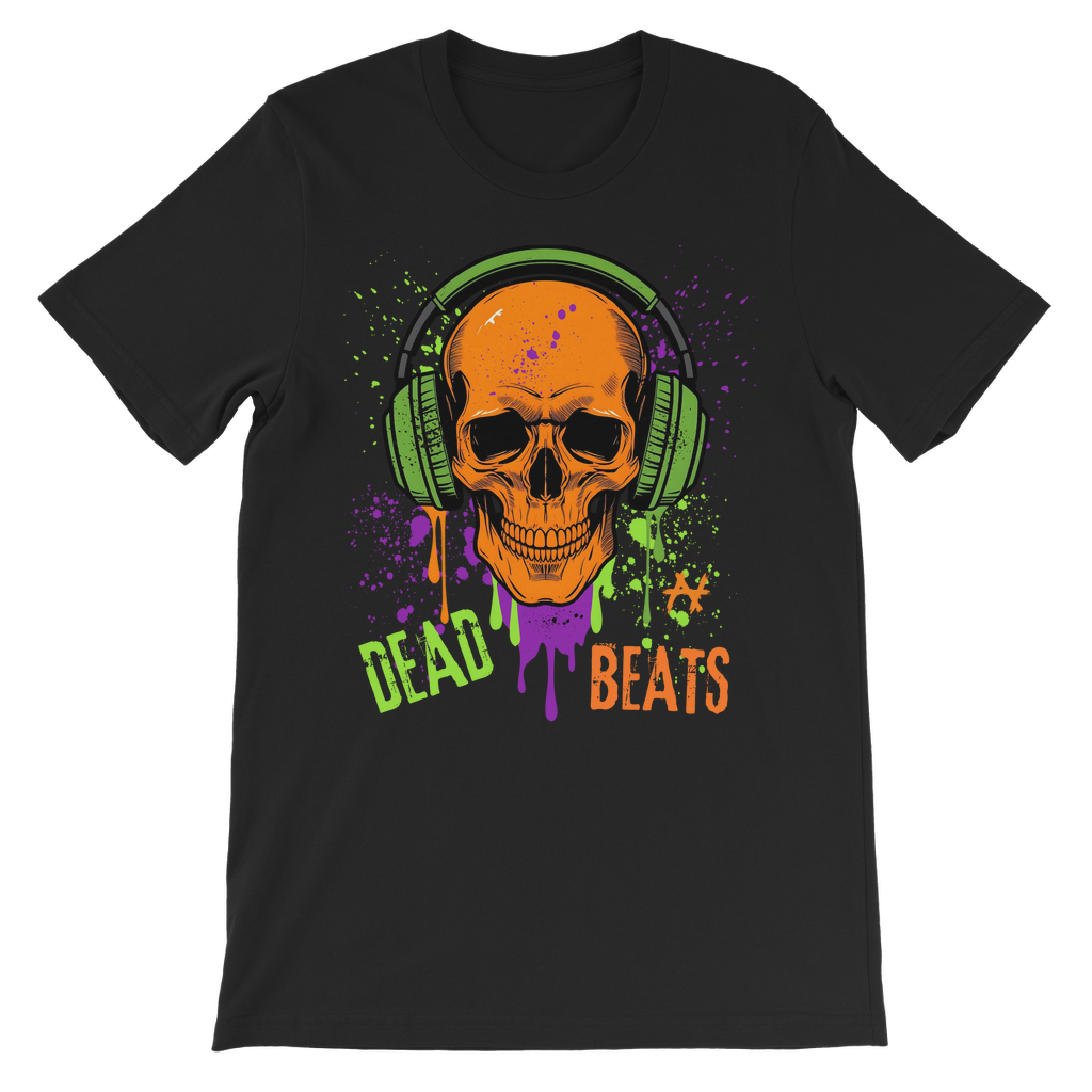 Kids black cotton t-shirt featuring orange skull with green headphones and colourful paint splashes and drips, ‘Dead Beats’ grunge text.