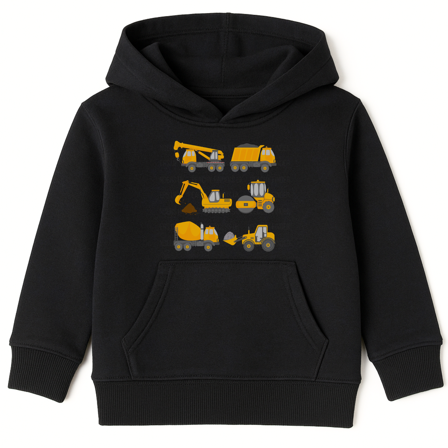 Kids black hoodie with a row of yellow construction vehicles and diggers printed on the front.
