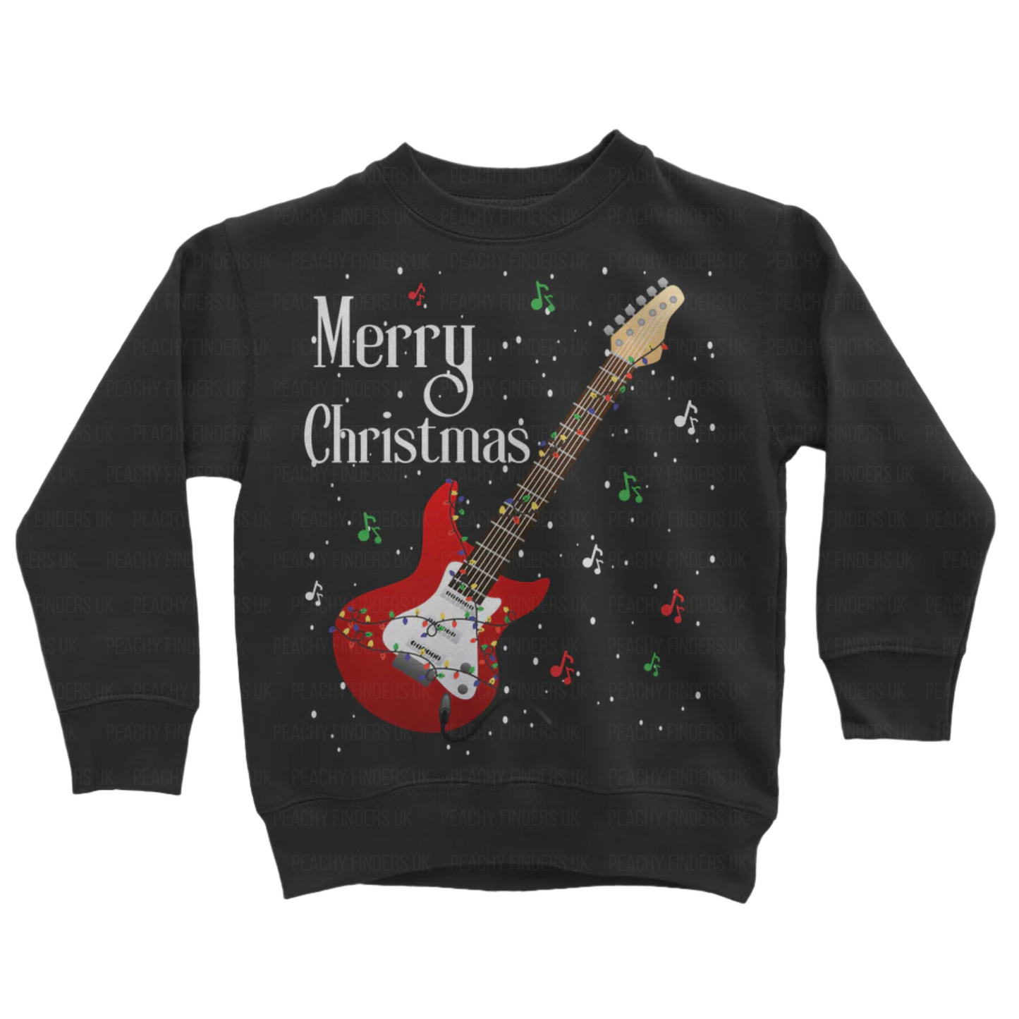 Kids navy sweatshirt with Christmas-themed red guitar design and 'Merry Christmas' text on a white background