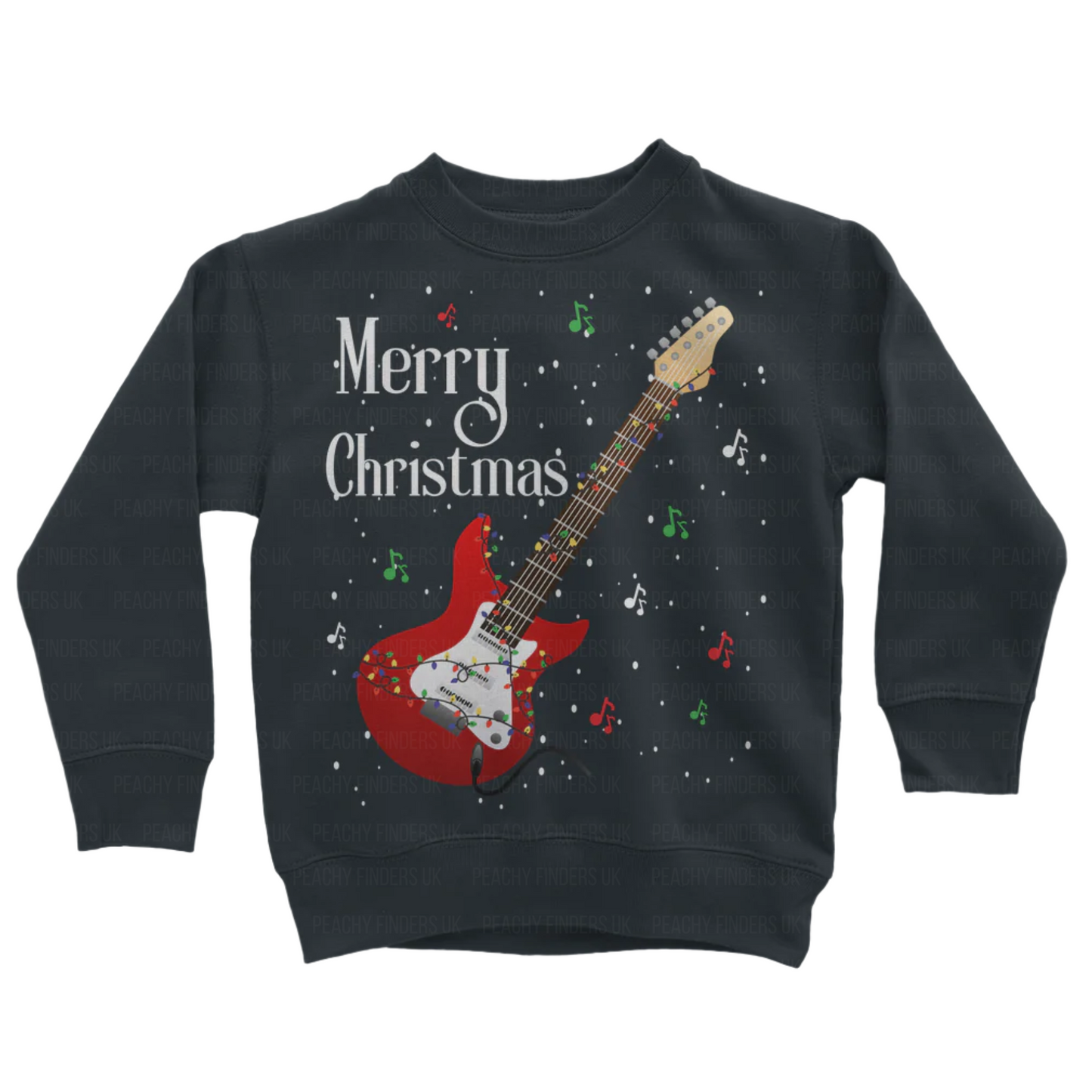 Kids navy sweatshirt with Christmas-themed red guitar design and 'Merry Christmas' text on a white background