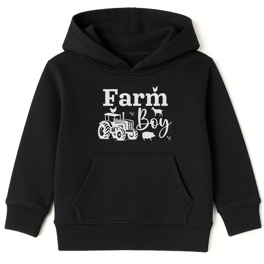Kids black pullover “Farm Boy” hoodie with white tractor and farm animal design.