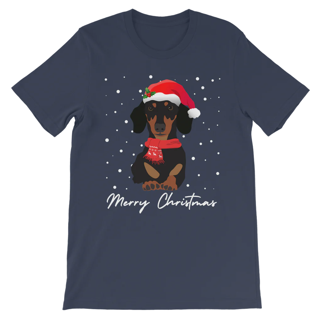 A navy short-sleeved crew neck T-shirt with a graphic of a Dachshund wearing a Santa hat and the text 'Merry Christmas'.