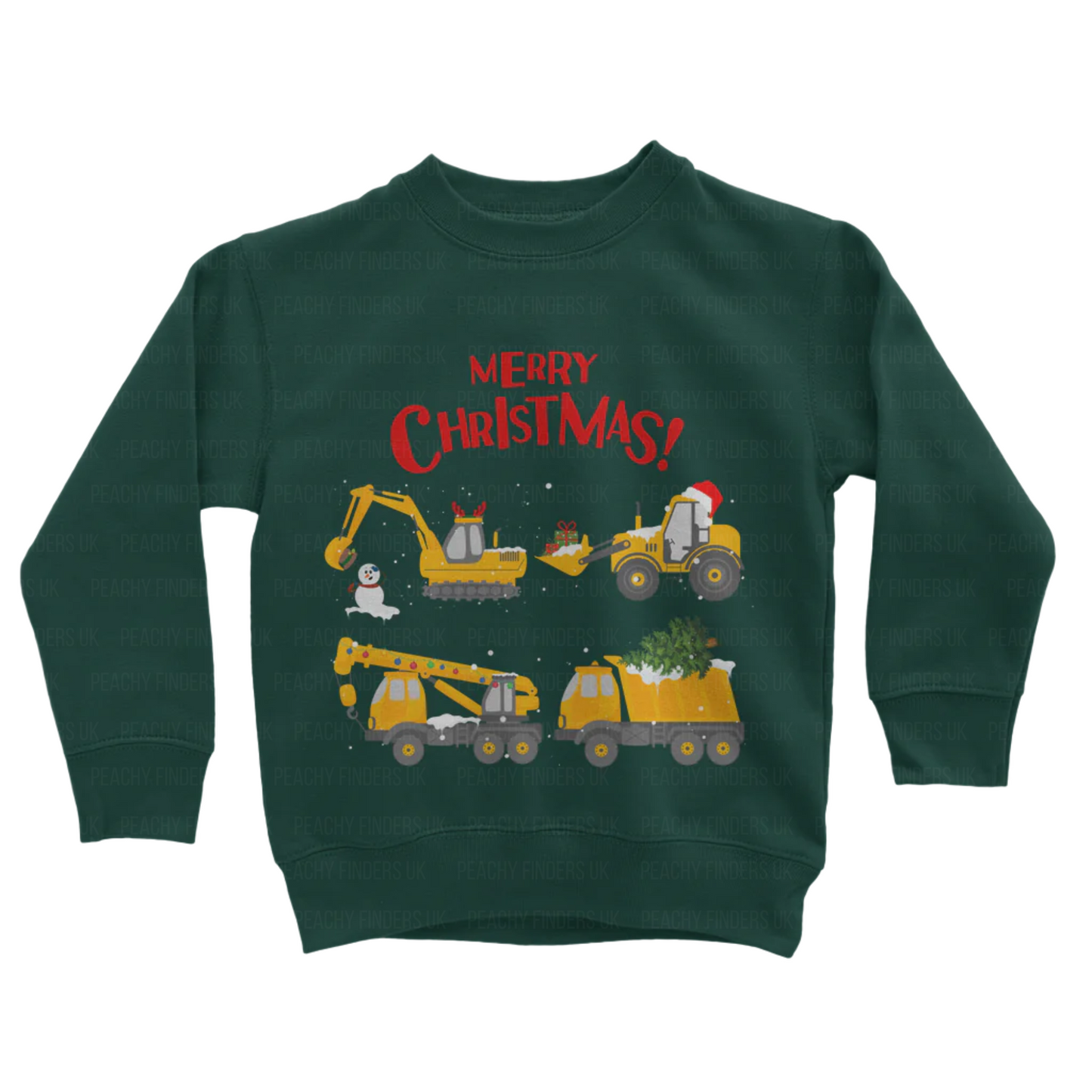 Children's dark green sweatshirt with a red 'Merry Christmas' and illustration of festive construction vehicles printed.