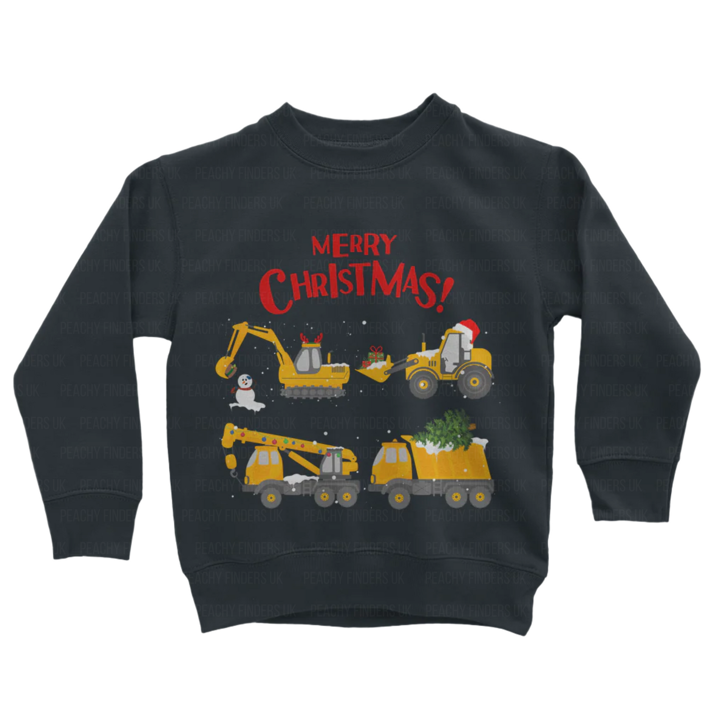 Children's navy sweatshirt with a red 'Merry Christmas' and illustration of festive construction vehicles printed.