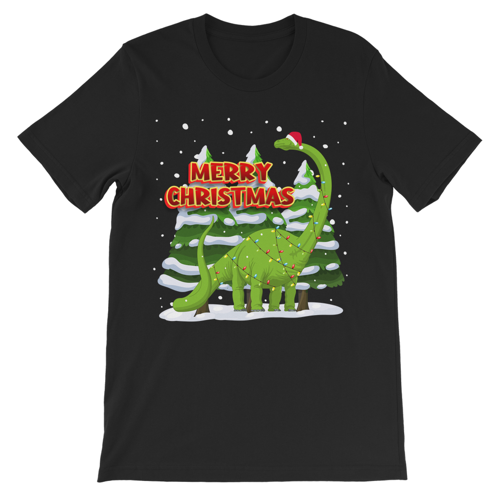 Black t-shirt for kids featuring a green brontosaurus wearing a Santa hat and wrapped in Christmas lights, standing in a snowy forest with "Merry Christmas" text.