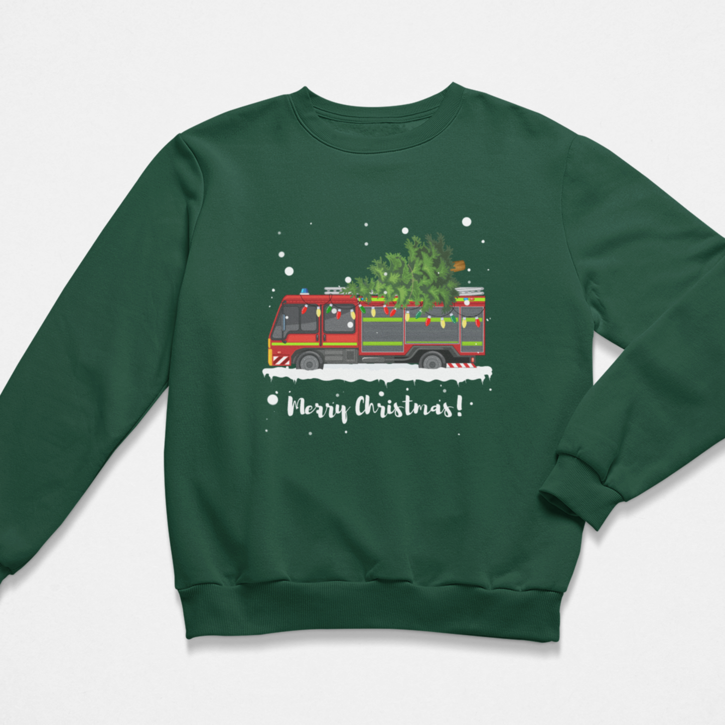 Kids green sweatshirt with a Christmas-themed design of a fire truck carrying a tree and 'Merry Christmas!' text on a white background.