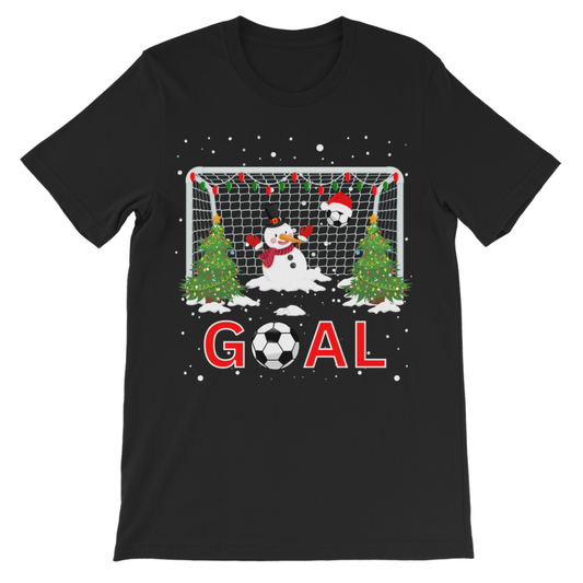 Kids Christmas football T-shirt with festive snowman goalkeeper, football goal, Christmas trees, falling snow and GOAL graphic.