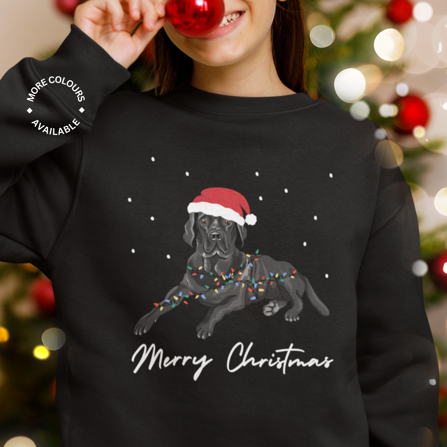 A child wearing a black sweatshirt with a graphic of a black Labrador wearing a Santa hat and Christmas lights, with the text 'Merry Christmas'. The sweatshirt has long sleeves and a round neckline.