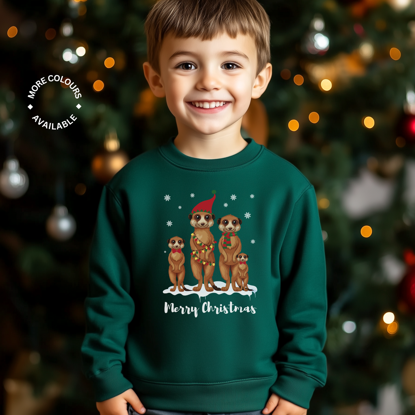 A child wearing a green sweatshirt with a festive meerkat design and the text 'Merry Christmas'.