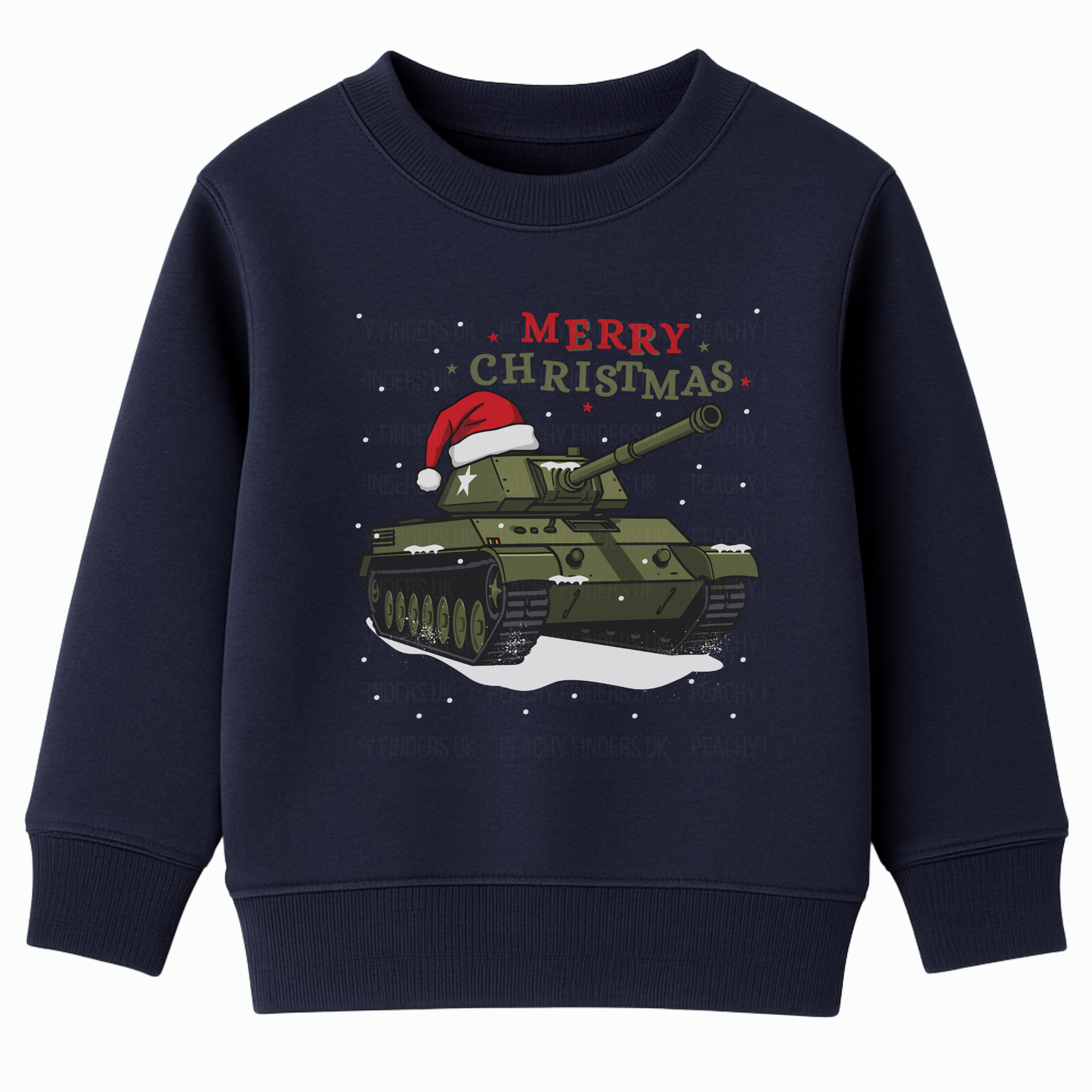 Kids oxford navy Christmas jumper featuring a green tank with Santa hat and snow, with red "Merry Christmas" text.