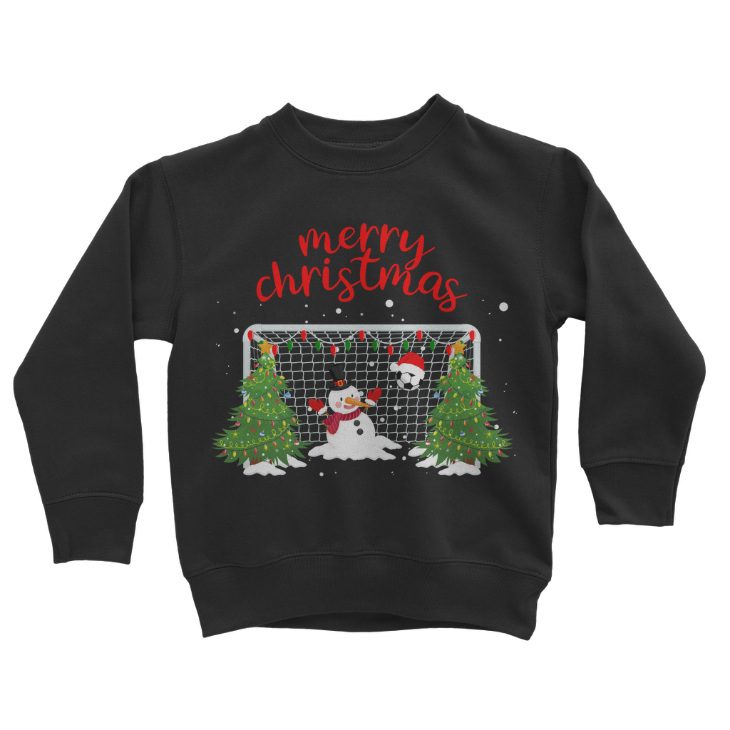 Kids black Christmas sweatshirt with snowman goalkeeper design, festive goalpost, Christmas trees, and “Merry Christmas” text.