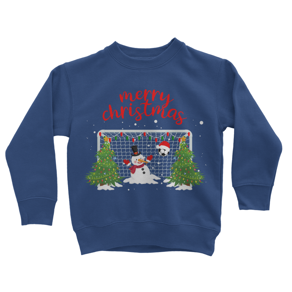 Royal blue kids Christmas sweatshirt with snowman goalkeeper design, festive goalpost, Christmas trees, and “Merry Christmas” text.