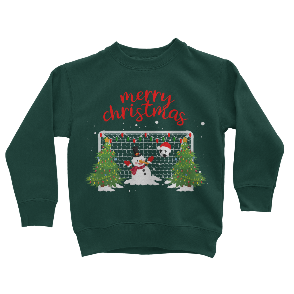 Bottle Green snowman goalkeeper design, festive goalpost, Christmas trees, and “Merry Christmas” text.