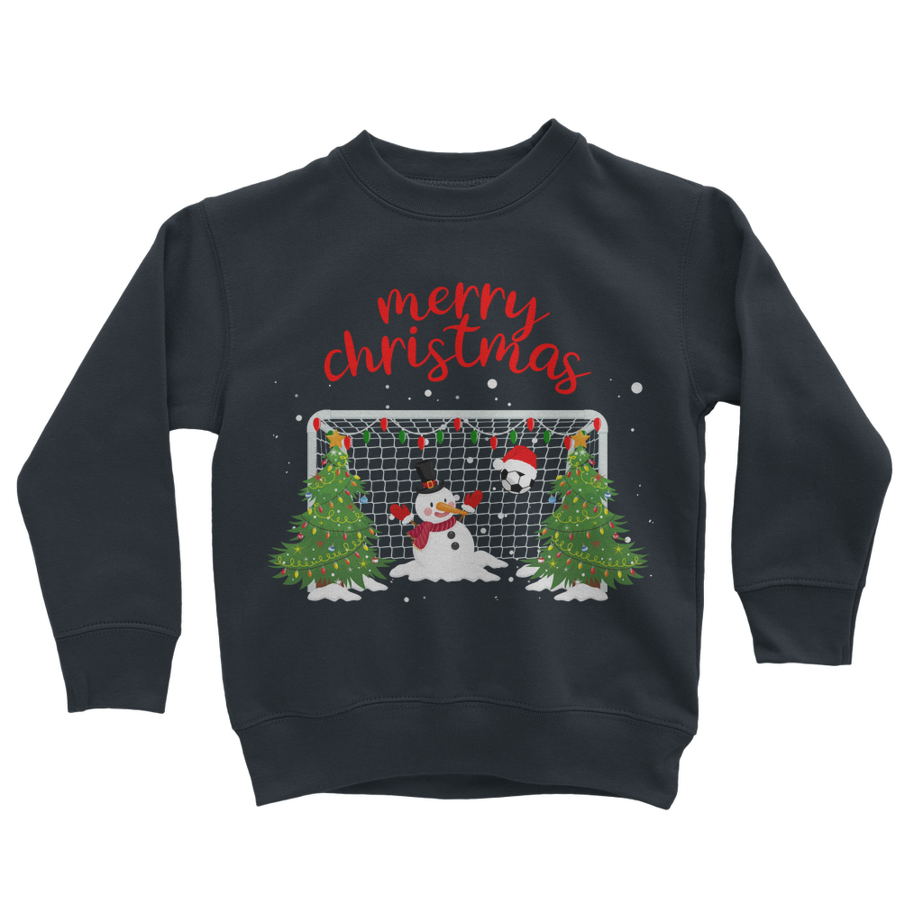 Navy kids Christmas sweatshirt with snowman goalkeeper design, festive goalpost, Christmas trees, and “Merry Christmas” text.