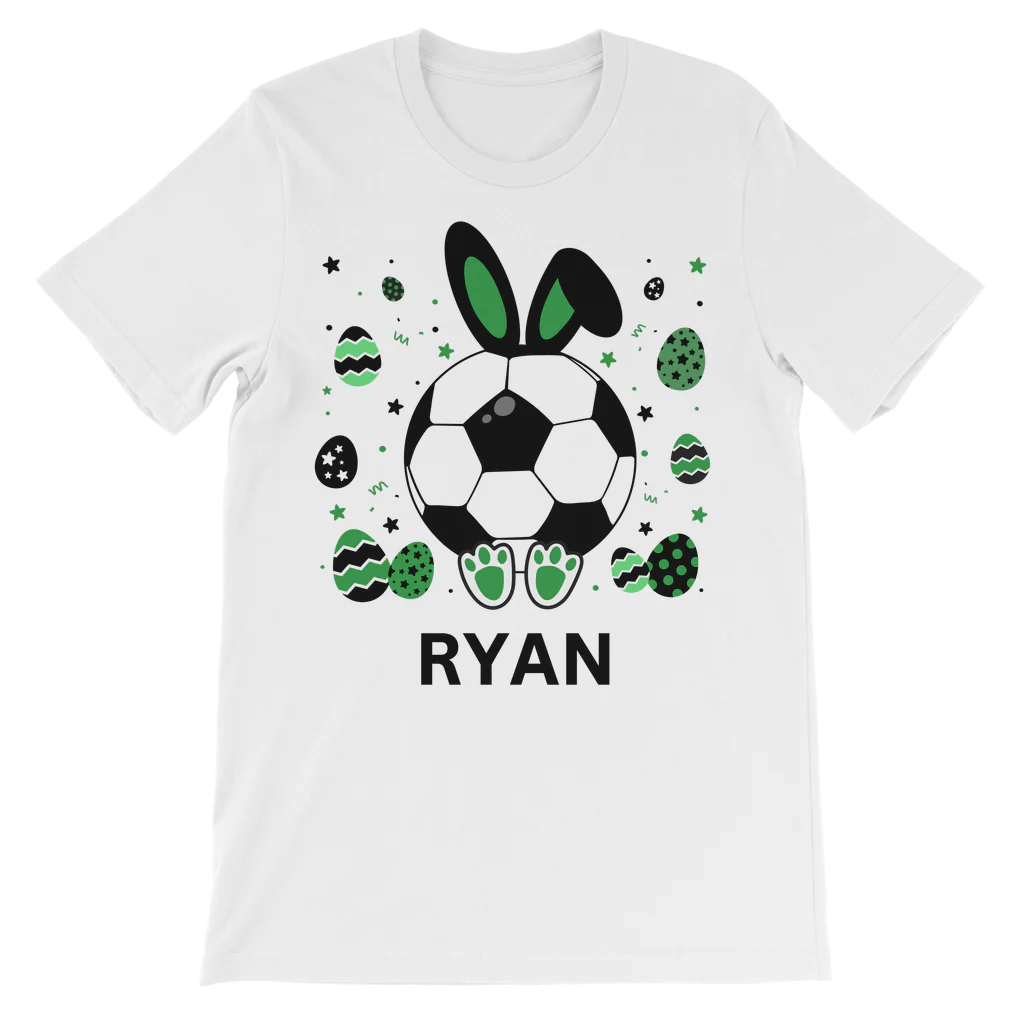 White kids football Easter bunny T-shirt showing bunny football graphic with green Easter eggs and personalised name Ryan