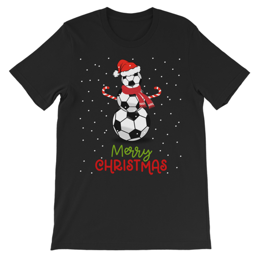 Kids Christmas t-shirt in black with football snowman wearing Santa hat and scarf, “Merry Christmas” text and falling snow.