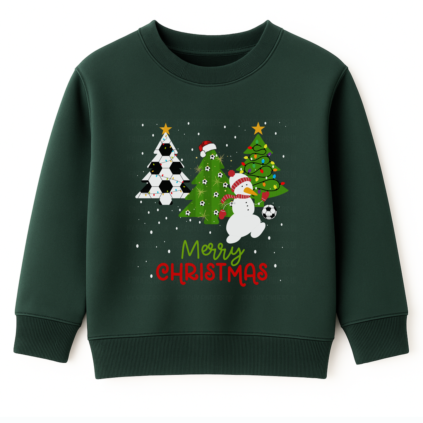 Kids dark green Christmas sweatshirt with football-themed xmas trees, a snowman in a Santa hat playing with a football, falling snow, and “Merry Christmas” text in red and green.