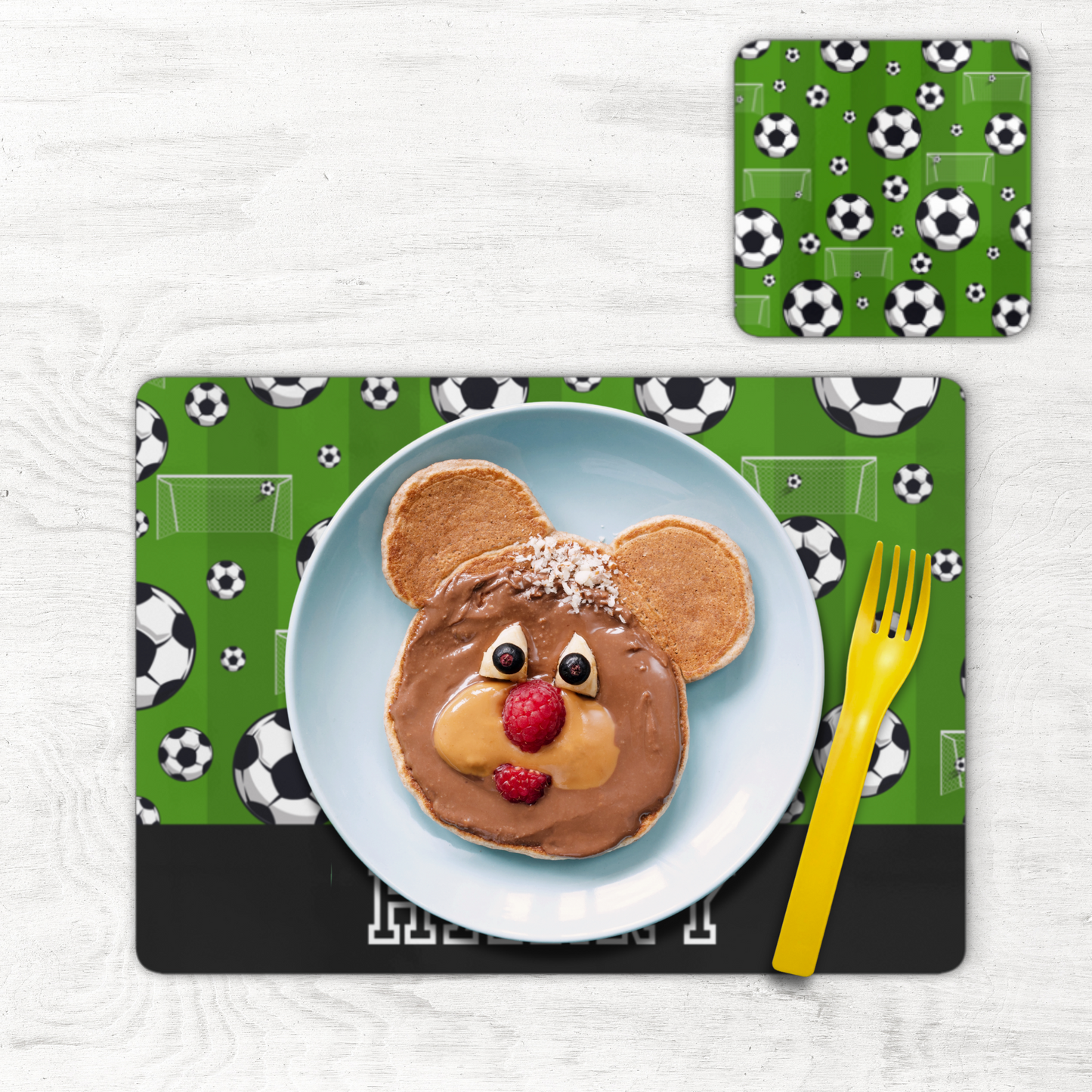 Kids Large Personalised Football Cork-Back Placemat and Coaster Set