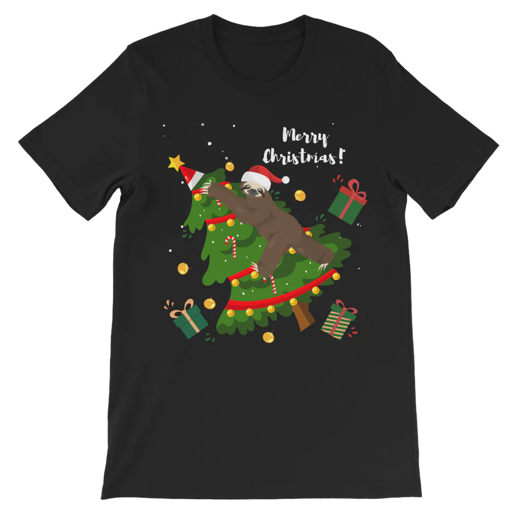 Kids black t-shirt with a graphic of a sloth climbing a Christmas tree, surrounded by festive decorations and the text 'Merry Christmas!'.