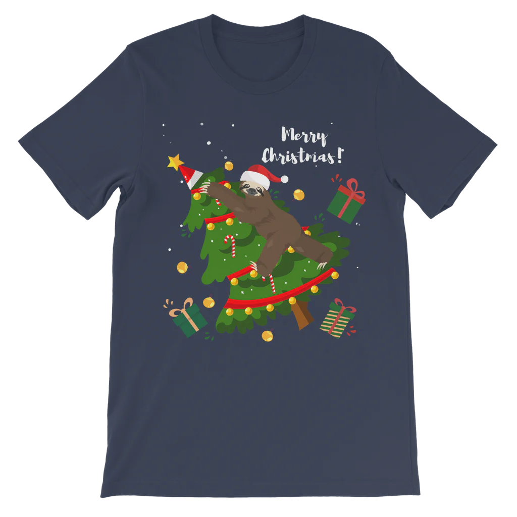 Kids navy t-shirt with a graphic of a sloth climbing a Christmas tree, surrounded by festive decorations and the text 'Merry Christmas!'.