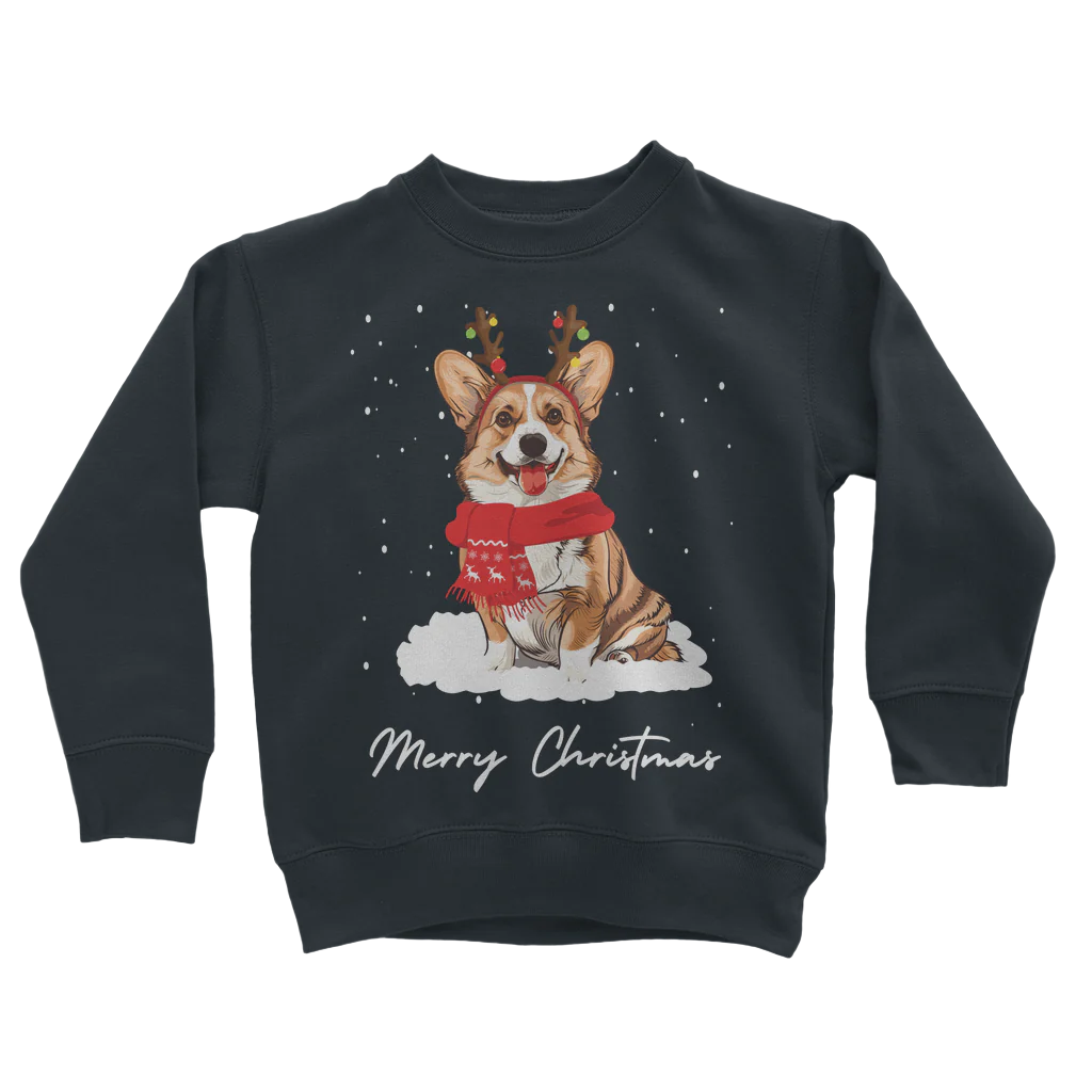 Kids Christmas-themed navy sweatshirt with a funny Corgi wearing antlers and a red festive scarf with falling snow.