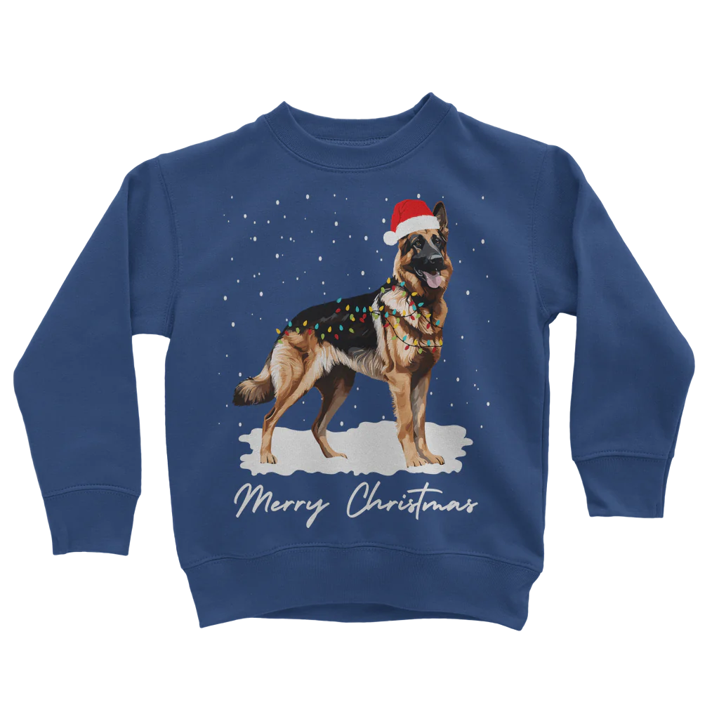 Kids royal blue sweatshirt with a graphic of a German Shepherd dog wearing a Santa hat, tangled in fairy lights, with the text 'Merry Christmas'. and falling snow.