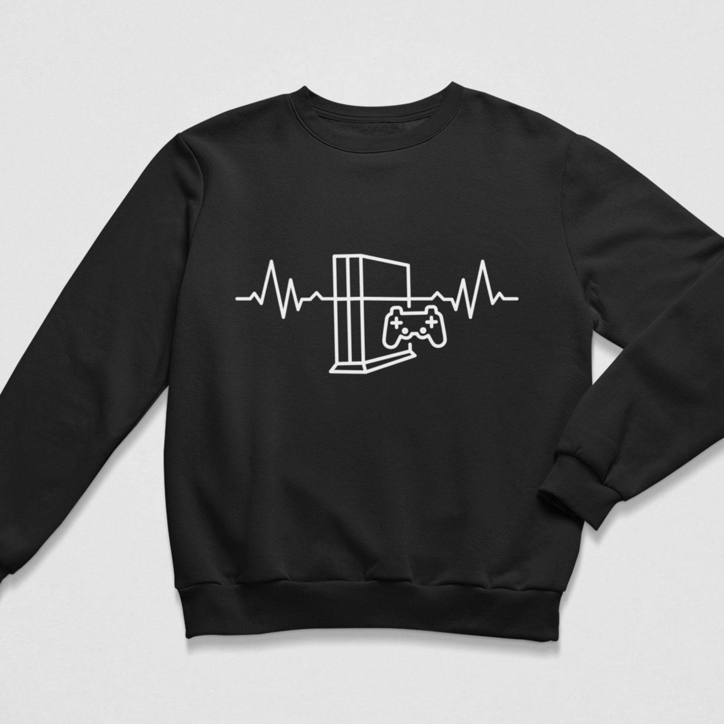 Kids black sweatshirt with a white line-art graphic of a gaming console and controller on the chest with heartbeat