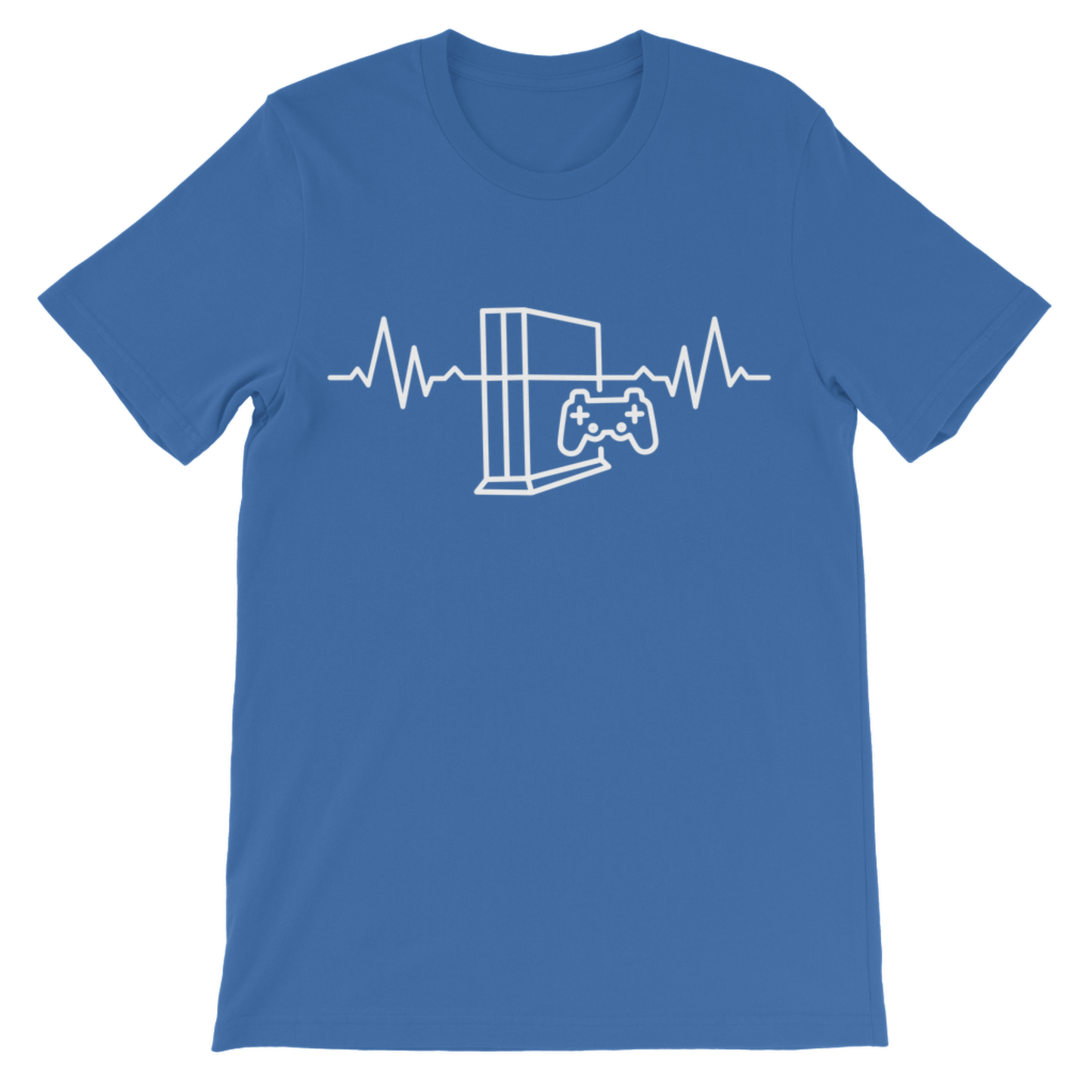 Kids royal blue short-sleeve crewneck t-shirt featuring a white line art graphic of a video game console, game controller, and heartbeat line on the chest.