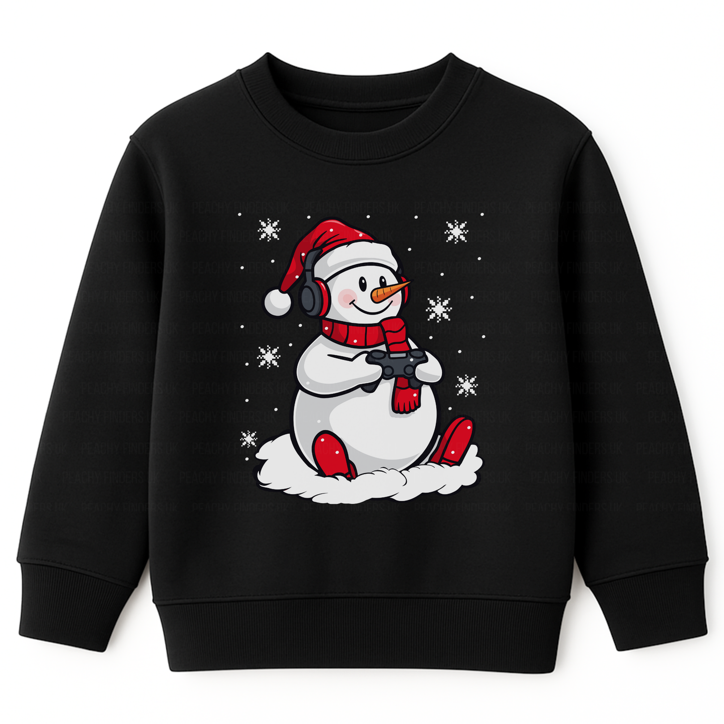 Kids black Gaming Snowman Christmas sweatshirt featuring a snowman with headphones, red Santa hat, scarf, and game controller, surrounded by snowflakes.
