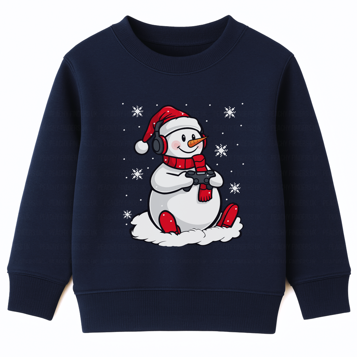 Kids navy Gaming Snowman Christmas sweatshirt featuring a snowman with headphones, red Santa hat, scarf, and game controller, surrounded by snowflakes.