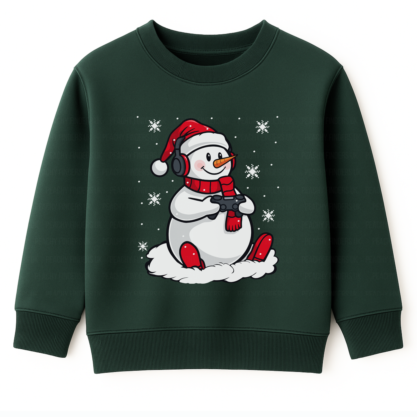 Kids dark green Gaming Snowman Christmas sweatshirt featuring a snowman with headphones, red Santa hat, scarf, and game controller, surrounded by snowflakes.