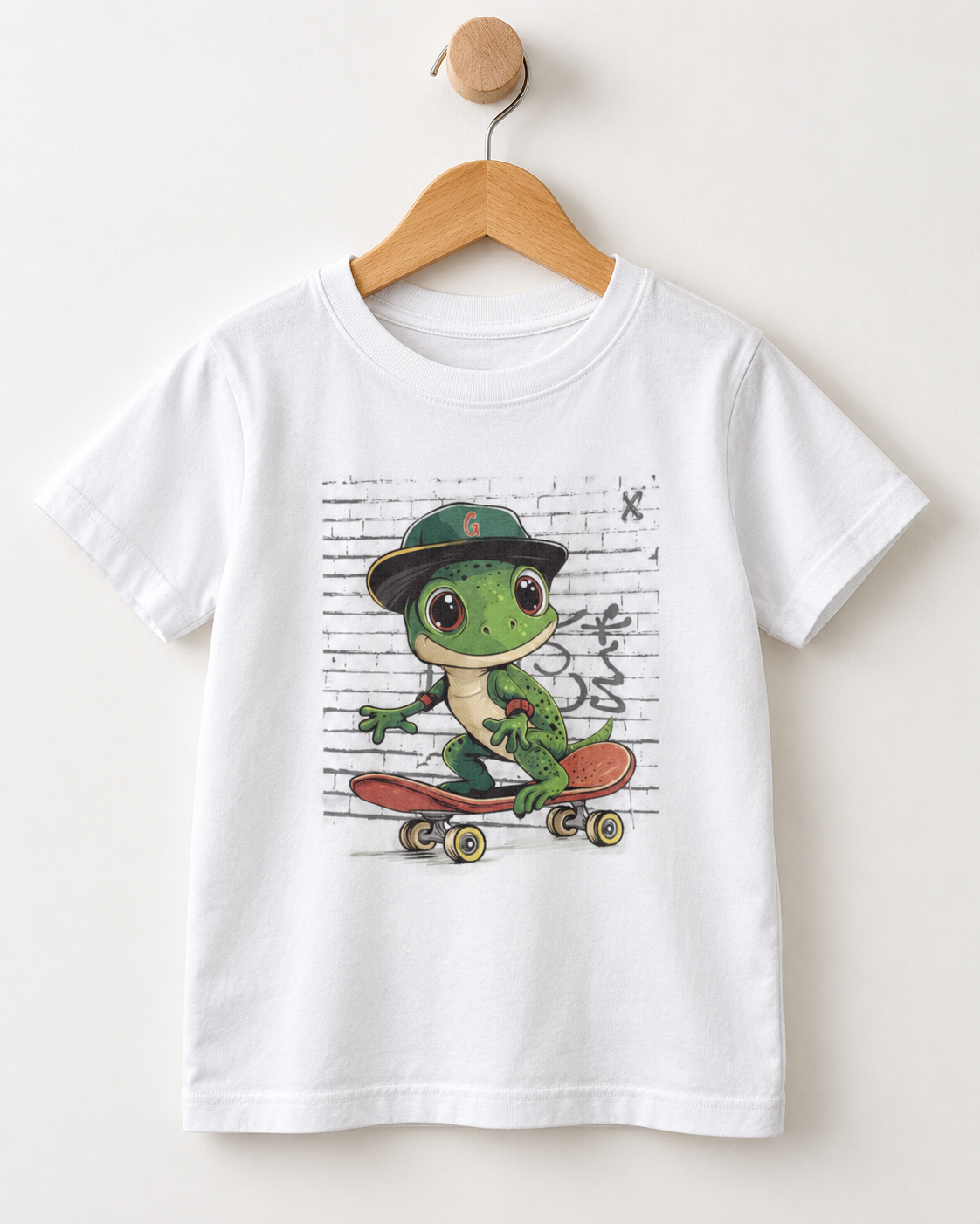 A white short-sleeve kids t-shirt hanging on a wooden hanger against a light beige wall. The shirt features a colourful graphic print of a green cartoon Gecko wearing a green cap and riding a red skateboard in front of a white brick wall background.