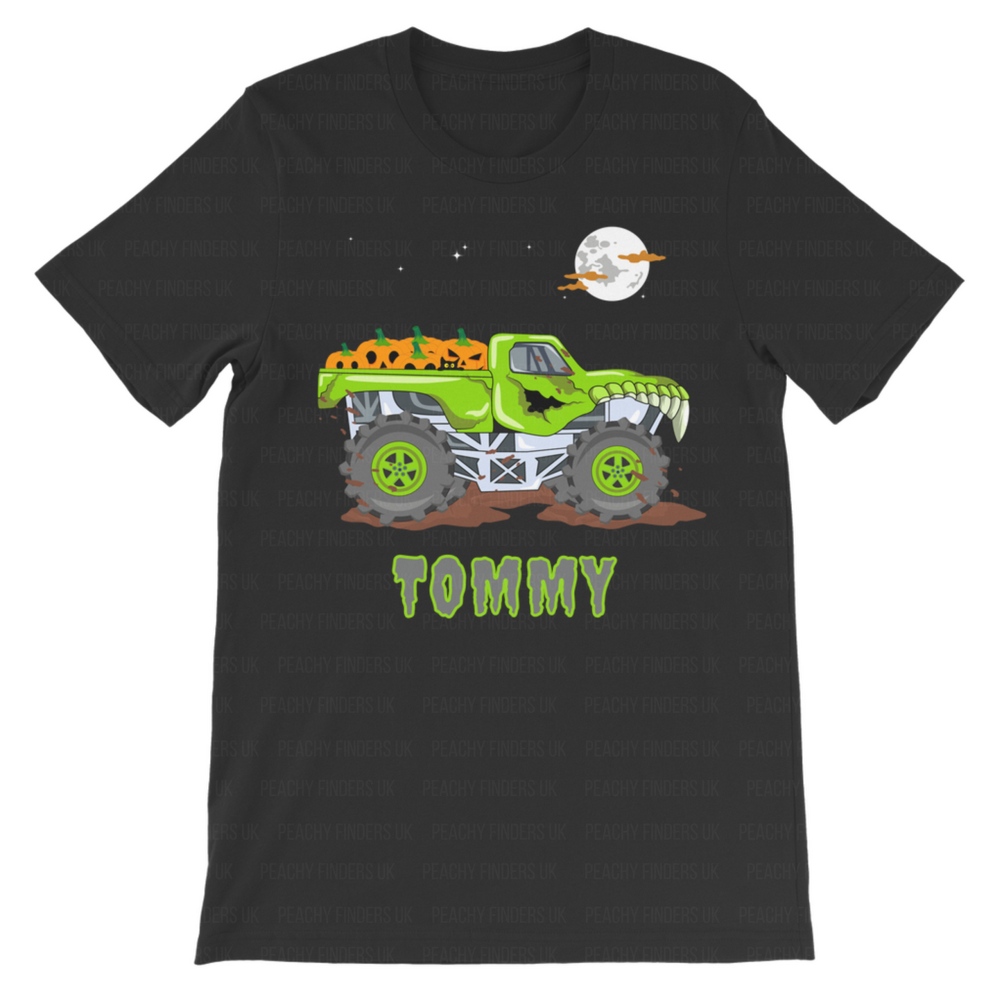 Black t-shirt with a green monster truck graphic and 'Tommy' text on a white background