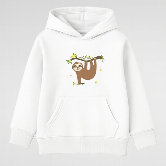 Kids white hoodie featuring cute sloth animal print with flowers and cosy front pocket.