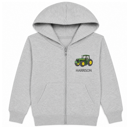 kids light grey zip hoodie featuring a green and yellow tractor and custom name printed on left hand side of chest