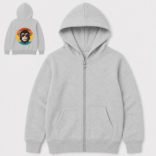 Kids heather grey zip hoodie with retro chimpanzee back print, shown with front and back views, children's monkey hoodie.