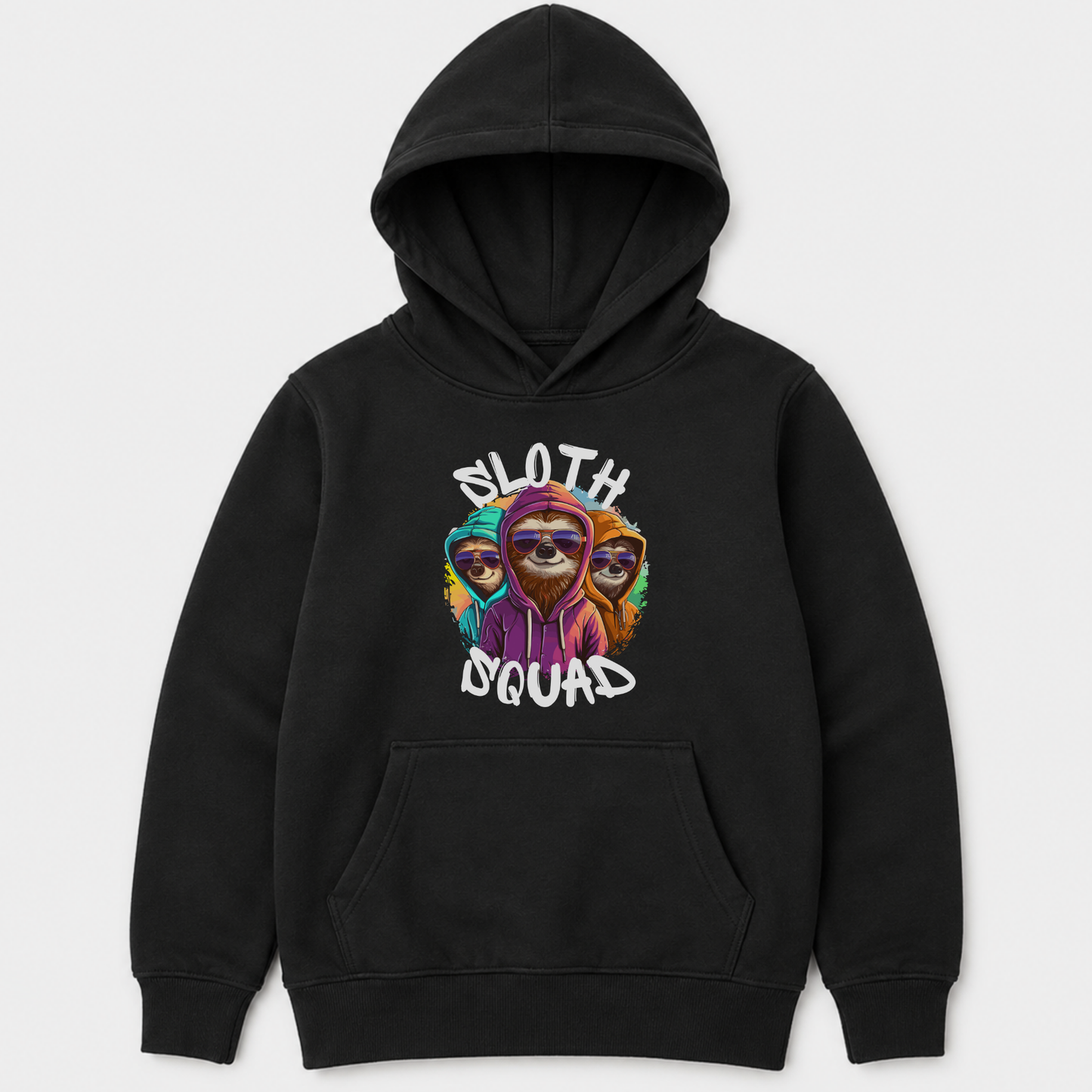 A kids black pullover hoodie with a colourful graphic of three sloths wearing sunglasses and the text 'SLOTH SQUAD' printed on the chest, displayed against a light grey background.