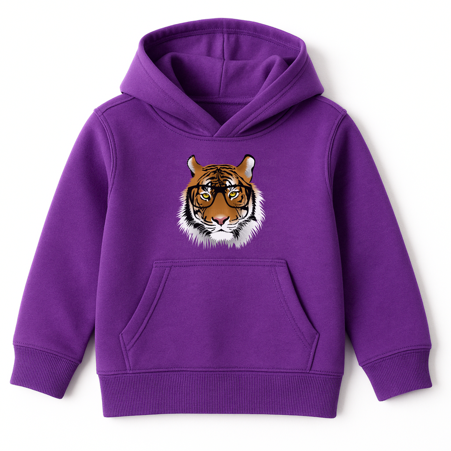 Kids purple hoodie with intelligent tiger face wearing glasses graphic on the front.