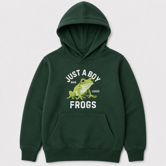 Dark green boys frog lover hoodie with cute frog illustration, perfect for children who love frogs, wildlife and outdoor adventures.