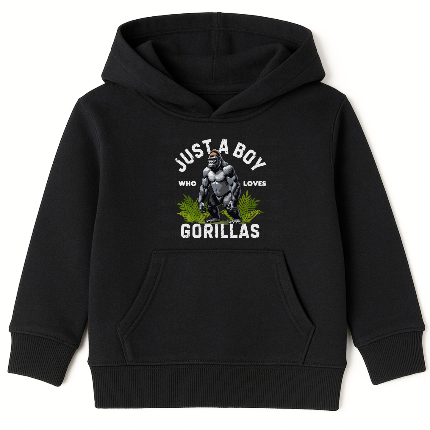 Kids black hoodie with a graphic gorilla and the slogan "Just A Boy Who Loves Gorillas."