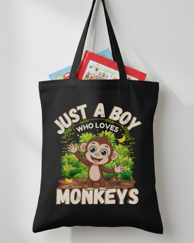 Kids monkey lover cotton tote bag with Just A Boy Who Loves Monkeys cartoon monkey design