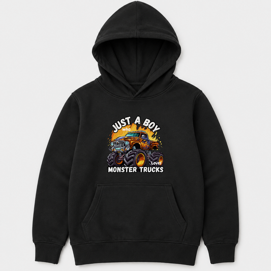 Boys black hoodie with just a boy who loves monster trucks colourful graphic print on the front - flat lay product