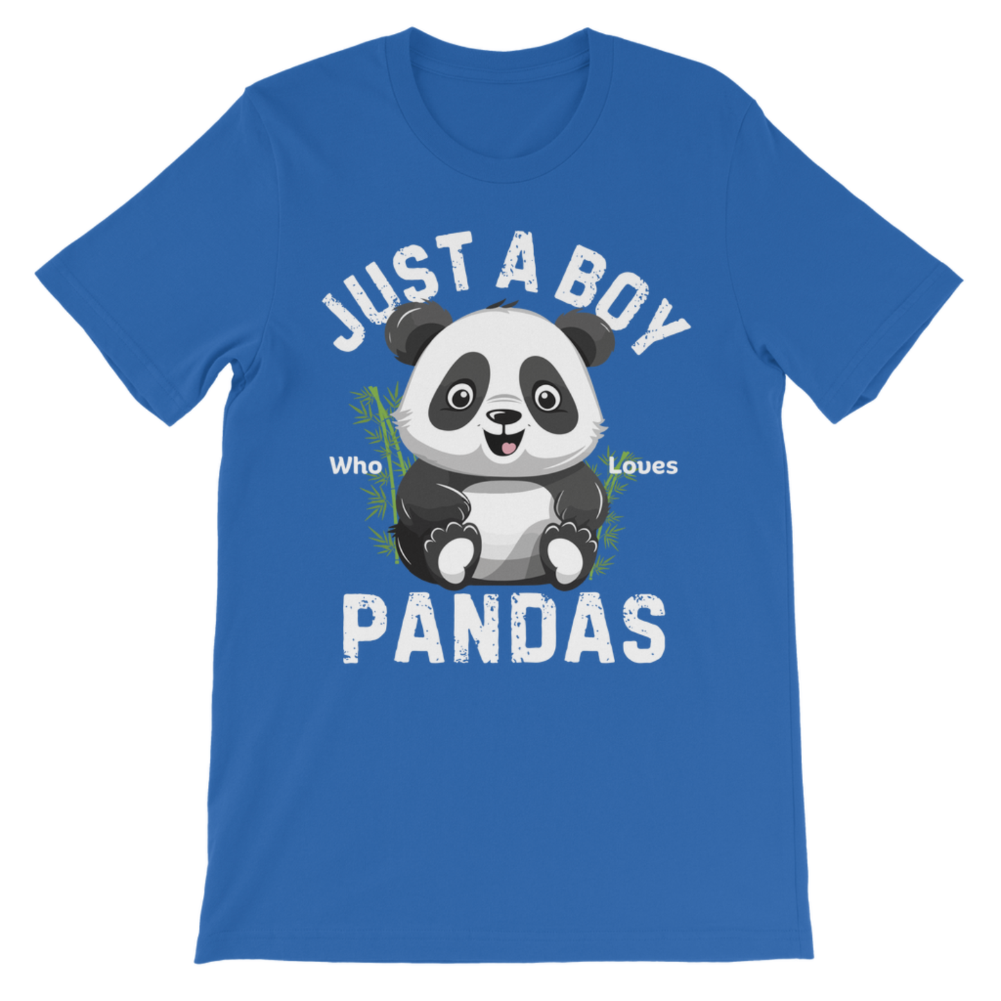 Royal blue kids panda t-shirt with “Just a Boy Who Loves Pandas” graphic front view