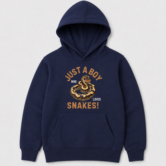 A kids navy blue pullover hoodie with a front graphic that reads 'JUST A BOY WHO LOVES SNAKES!' in tan and black, featuring a coiled ball python illustration on the chest, shown against a light grey background.